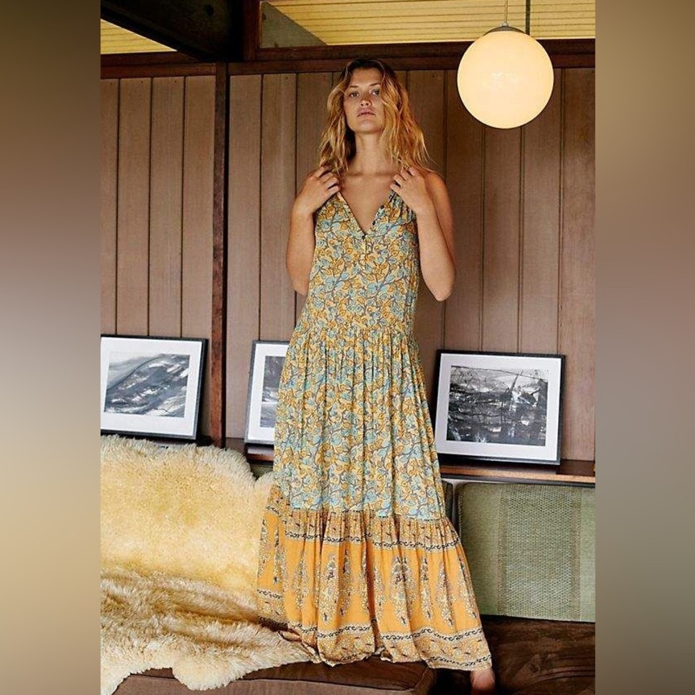 Spell Yellow and Blue Floral Tiered Maxi Dress